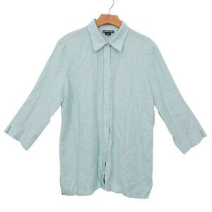 Lands' End Linen Shirt Womens 16 Green 3/4 Sleeve Soft Button Up Coastal Casual